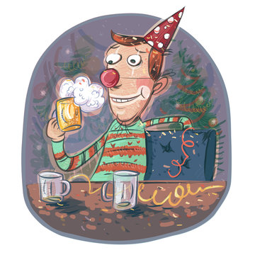 Holiday: happy clown holding a glass of beer