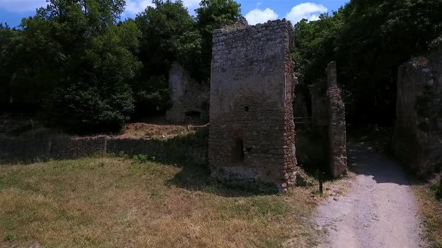 aerial video of the Ruins of Orsini - Altieri Castle, Canale Monterano, Rome, Lazio, Italy