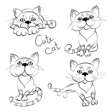 Cute Cartoon cats icons, set black and white cats in various poses, sitting, lying