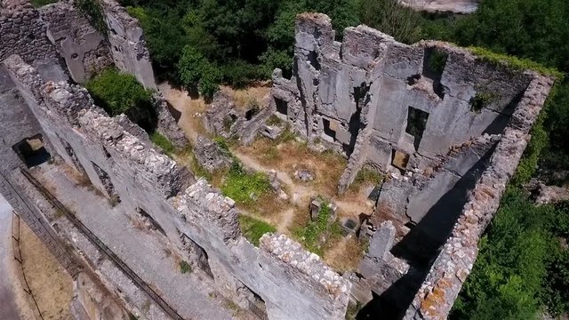 aerial flight over the ruins of the Orsini - Altieri Castle, Canale Monterano, Lazio, Italy