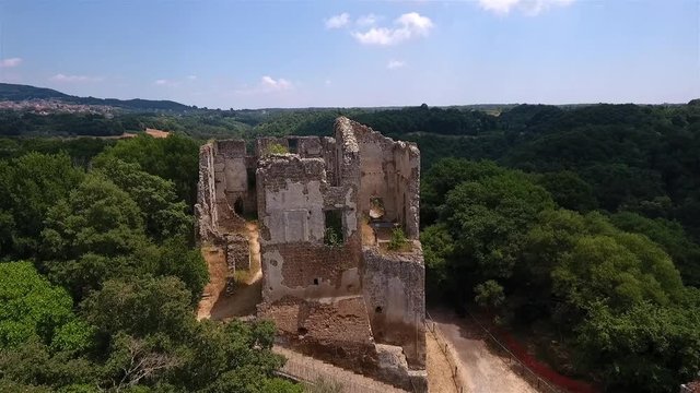 aerial view of the Baronial palace Altieri - Orsini ruins, Canale Monterano, Rome, Lazio, Italy