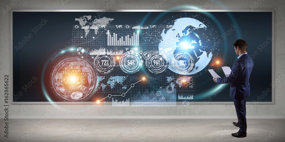 Poster Businessman using graph screens interface on a board 3D rendering