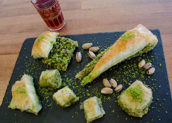 Turkish delights baklava on wooden table