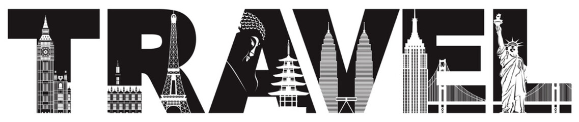 Travel Text Outline with World Landmarks vector Illustration