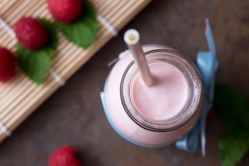 Berry smoothie or milkshake in jar, healthy food for breakfast and snack