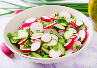 Fresh salad of cucumbers, radishes and green onion.