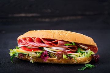 Big sandwich with ham, salami, tomato, cucumber and herbs