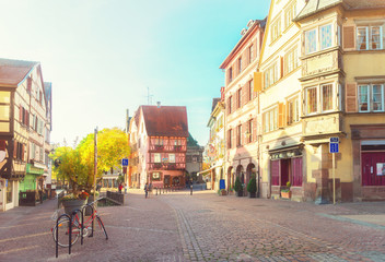 street of Colmar, most famous town of Alsace, France, retro toned