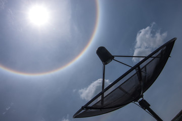 Satellite dish with the halo and blue sky background