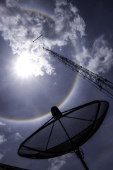 Satellite dish, Telecommunication tower with the halo and blue sky background