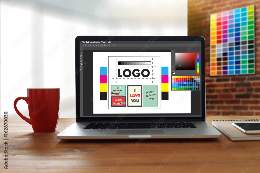 Fototapete creative designer graphic at work. color swatch samples, illustrator graphic designer working digita