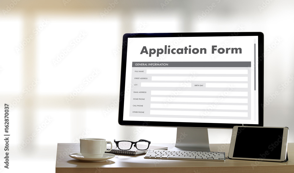 Poster business man working on laptop computer use online web job application form moniter