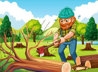 Scene with lumberjack chopping trees
