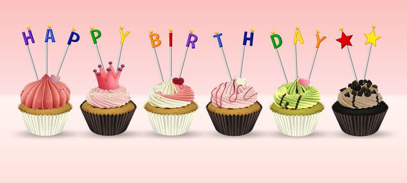 Happy Birthday card template with cupcakes