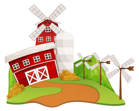 Farm scene with barn and windmill