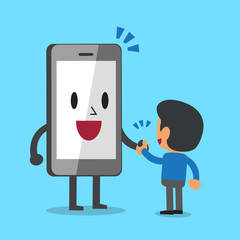 Cartoon smartphone character shaking hand with a man