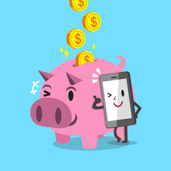 Cartoon smartphone earning money with pink piggy