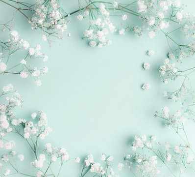Fototapeta Floral composition with light, airy masses of small white flowers on turquoise blue background, top view, frame.  Gypsophila Baby's-breath flowers