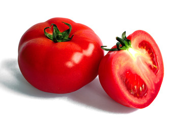 Closeup of red tomatoes on a white background