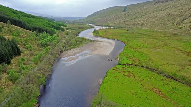 Cinematic aerial shot of the river Orchy