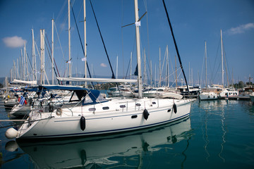 Fototapeta premium Sailboat Harbor, many beautiful sailing yachts moored in the sea port