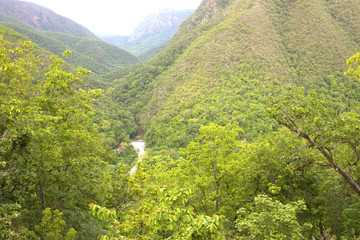 Mountain green valley stream landscape.
