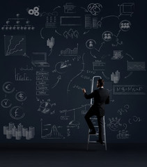 Businessman standing on stepladder.  Schematic background. Business and office, concept.