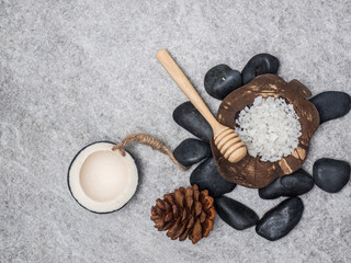 Aromatherapy  product  Spa set massage with white  wood background. top view,flat lay composition.