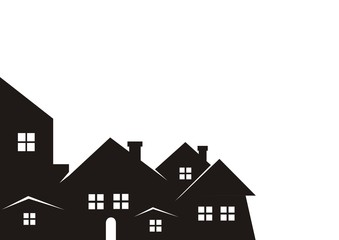 City, black silhouette. Vector icon. Group of houses with smokestack, windows and door.