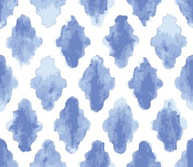 Fototapeta na wymiar Seamless blue and white watercolor Moroccan geometric pattern vector