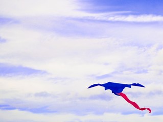 Kite blue with a red tail isolated on blurred sky and cloud. Floating on air. The lighting in the daytime. Toy in the recreation. Outdoor activities in the holiday. Using wind force of nature.