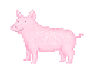 Old school 8 bit pixel art pink pig standing on the ground. Domestic farm animal icon isolated on white background. Piglet symbol. Piggy emblem. Retro video/pc game character. Slot machine graphics.