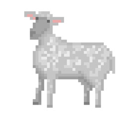 Fototapeta premium Old school 8 bit pixel art gray sheep standing on the ground. Domestic farm animal icon isolated on white background. Aries symbol. Lamb emblem. Retro video/pc game character. Slot machine graphics.