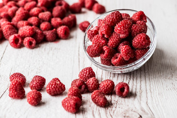 Sweet raspberries in bowl on wooden table