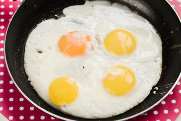 eggs on a frying pan ready close up