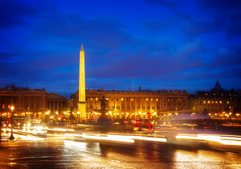 Fototapeta na wymiar Eiffel Tower and The Obelisk from Place de la Concorde at night, Paris, France, retro toned