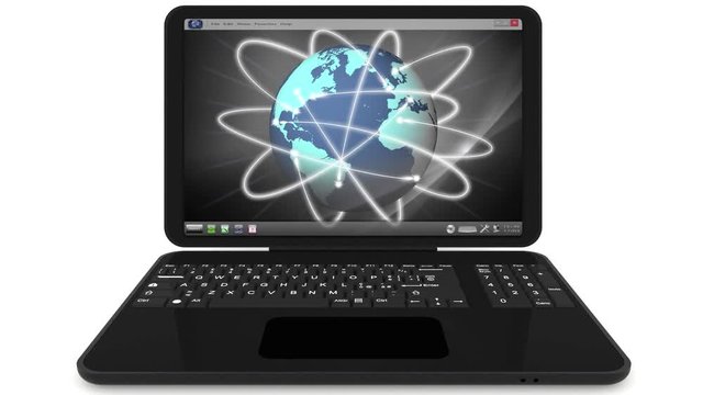 Animazione. Computer portatile nero. Apertura e chiusura. Sul monitor varie applicazioni