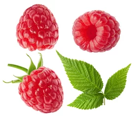 Poster Fresh berries. Collection of raspberry fruits with leaves isolated on white with clipping path © artemkutsenko