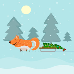 Greeting Christmas card with a fox