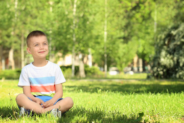 Cute little boy sitting on green grass in park