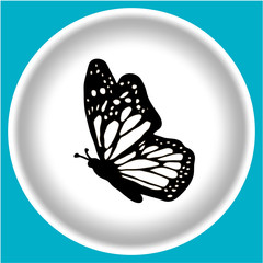 Icon Black butterfly on white plate blue background. Tatoo vector illustration.