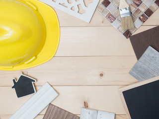 Fototapeta na wymiar Samples of material, wood , color , on wooden table.Interior design select material for idea.Interior design select material for idea.