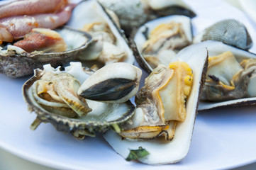 Seafood Cocktail. Oysters, seashells, mussels on a plate before grilling.