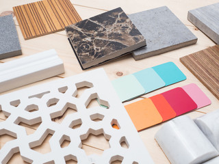 Samples of material, wood , color , on wooden table.Interior design select material for idea.Interior design select material for idea.