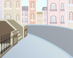 Cityscape, urban street and the entrance of the house. Vector illustration.