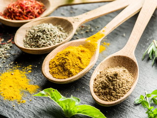 Assortment of colorful spices in the wooden spoons.