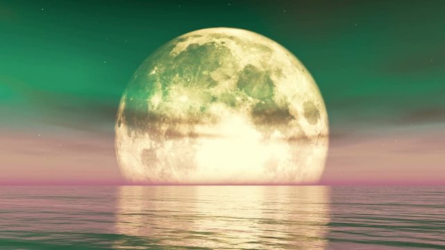 4k Full Moon on the water,reflect on the sea,Science Fiction Scene,purple cloud & smoke flying.