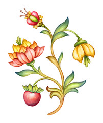 watercolor illustration, red tulip flower, green leaves, apple fruit, antique design element,...