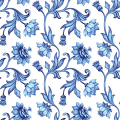 Fototapety  seamless floral pattern, medieval background, watercolor hand painted illustration, blue flowers and leaves, delft, indigo, vintage botanical wallpaper