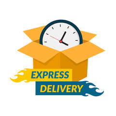Express delivery icon. Cardboard box with clock. Vector illustration, flat design.